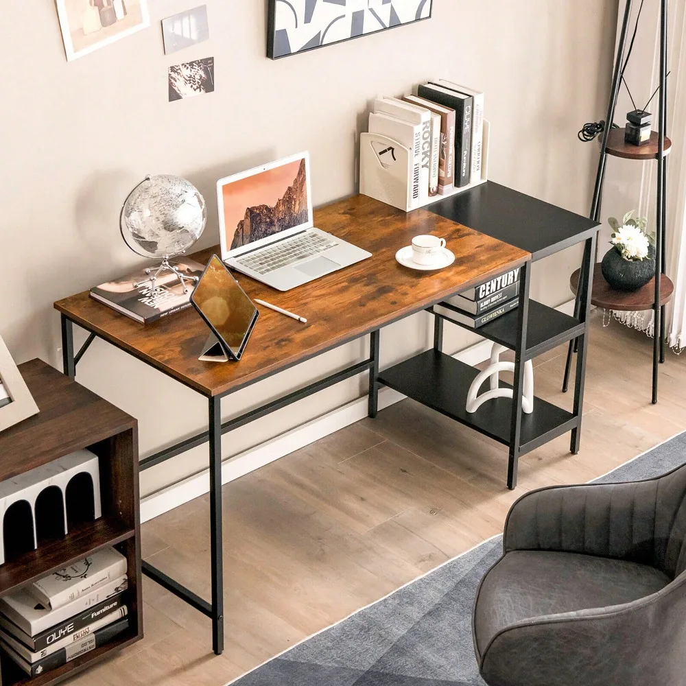 

55'' Computer Desk Writing Workstation Study Table Home Office With Bookshelf Black/Rustic