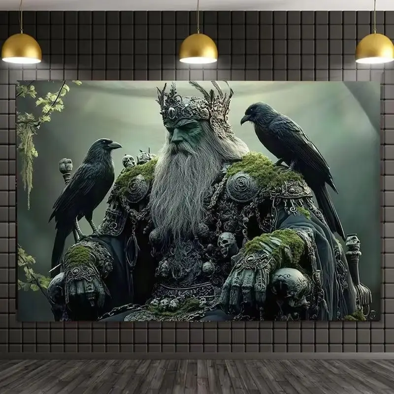 VIKAMA Fantasy Forest King Tapestry Raven Nordic Myth Dark Medieval Art Wall Hanging Gaming Living Bedroom Wall Decor