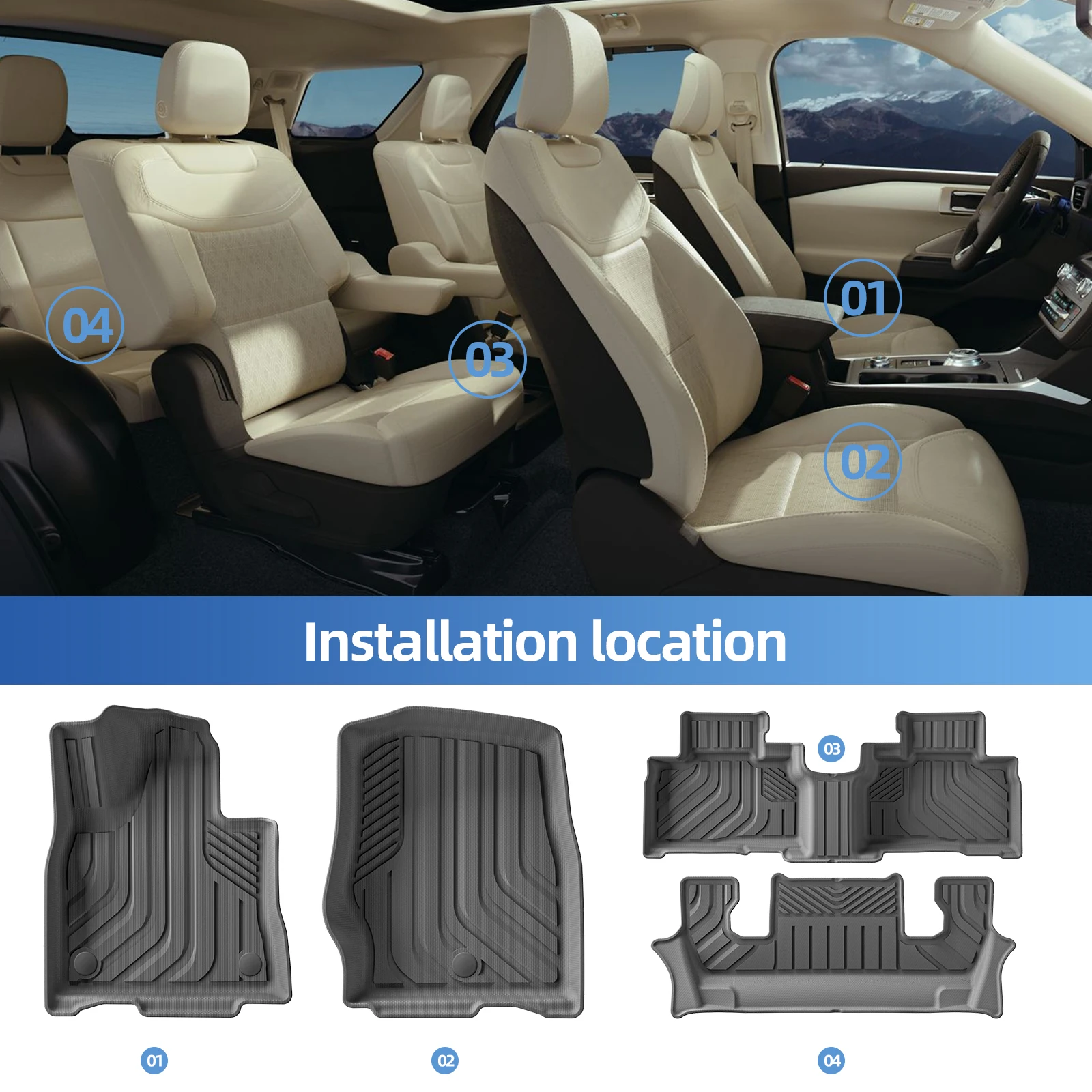 for Ford Explorer 4WD 6Seats 2020-2024 2025 TPE 3D Car Floor Mats Cargo Liner Trunk Backrest Pad Accessories Black