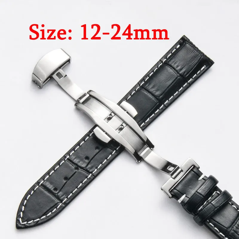 Calfskin Leather Watch Band 12mm 13mm 14mm 15mm 16mm 17mm 18mm 19mm 20mm 21mm 22mm 23mm 24mm Strap Waterproof Butterfly Buckle