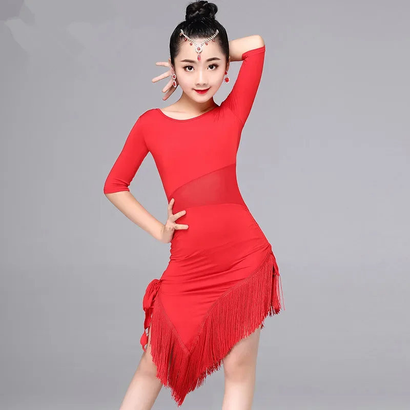 Vestido de baile latino con borlas para niñas y niños, vestido de baile de salón, Salsa, Tango, trajes de competición, ropa de práctica de baile para niños