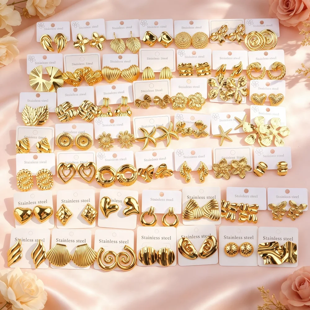 10/20Pairs/Lot Vintage Elegant Stainless Steel Ladies Earrings Fashion Geometric Flower Heart Shaped Daily Party Gift Jewelry
