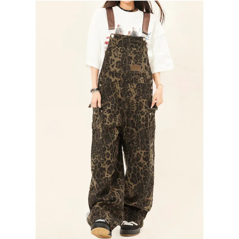 2024 Otoño retro calle mono con estampado de leopardo con diseño moderno de estilo Instagram, pantalones mono casuales sueltos y de pierna ancha