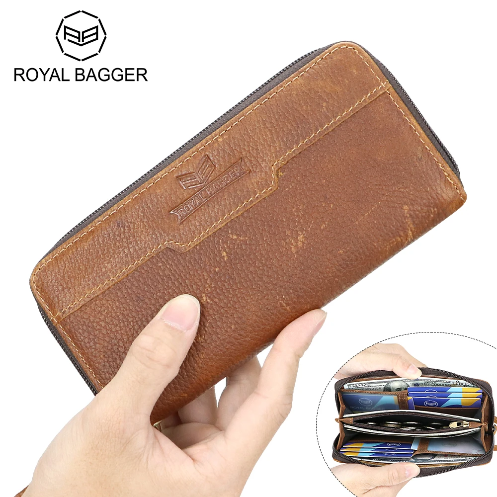 

Royal Bagger Vintage Long Clutch Wallets, Genuine Leather Coin Purse for Men, Large Capacity Zipper Wristlet Bag 1658