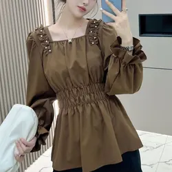 Stylish Shirring Beading Shirt Elegant Waist Square Collar Spring Autumn Women's Clothing Commute Basic Solid Color Folds Blouse