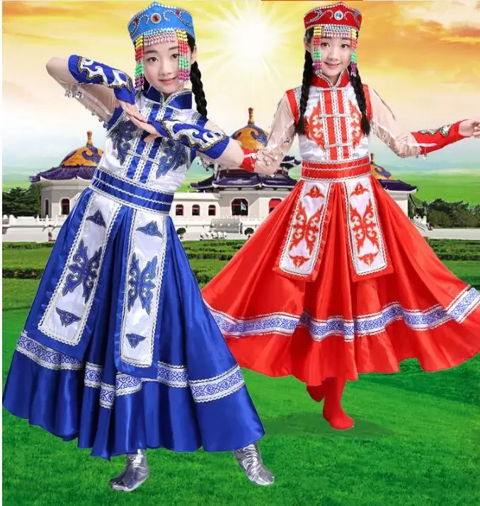 Chinese Mongolian Costume Children Folk Dance Girls Blue Stage Tradition