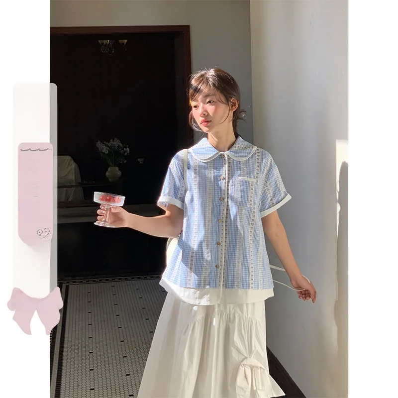 

Blue Plaid Embroidered ort Sve irt Women Double Layer Collar Jiang Jam Japanese Sle Fake Two-Piece Polyester Cotton ...