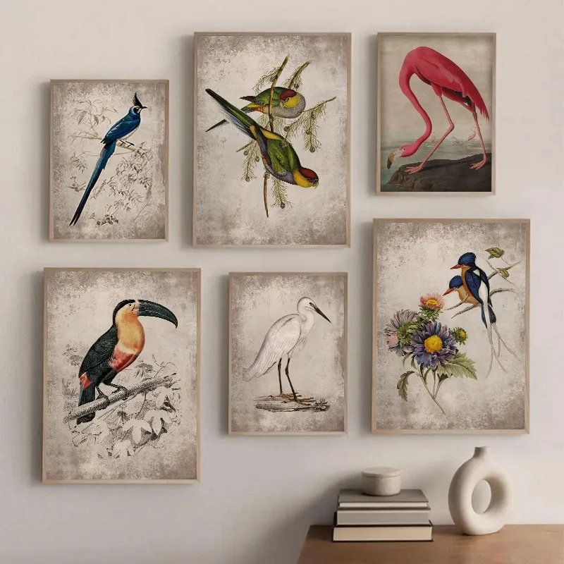 Vintage Birds Toucan Flamingo Magpie Jay White Heron Posters Prints Canvas Painting Animal Bird Wall Picture for Room Home Decor