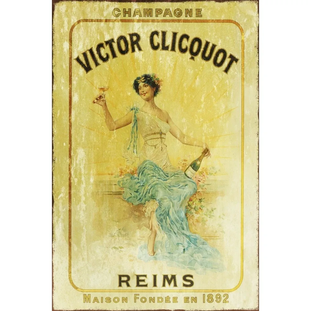 Letrero Metálico de Estilo Retro Vintage con Publicidad de Champán Victor Clicquot Reims