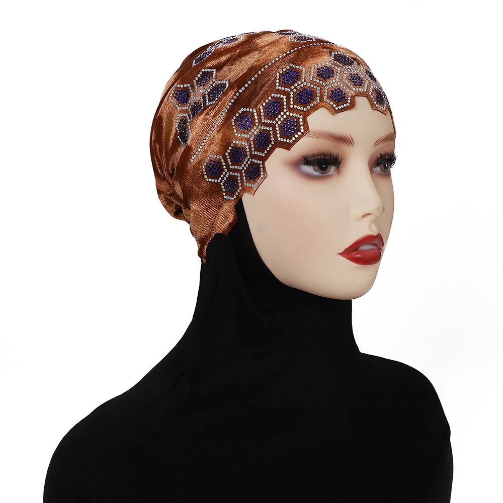 Headband Hijab Scarf with Rhinestone Undercap Abaya Hijabs Muslim Flannel Turbans Instant Head Wrap Women Bonnet Cap