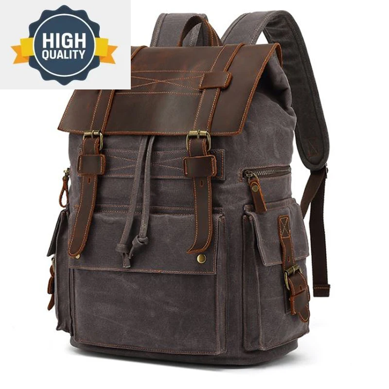 

backpack Fashion men's vintage Waxed canvas Leather school bag men travel large capacity laptop