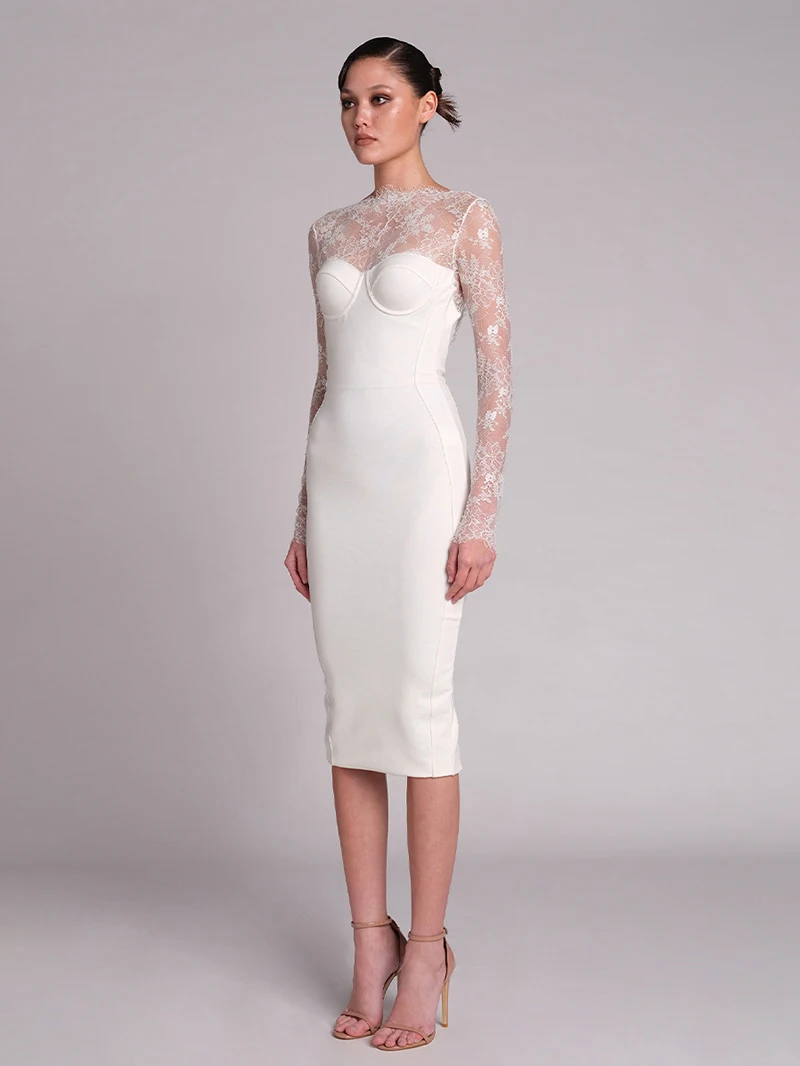 Vestido de noite e de renda sem costas f high-end luxo estilo deusa e moda crimento médio manga longa