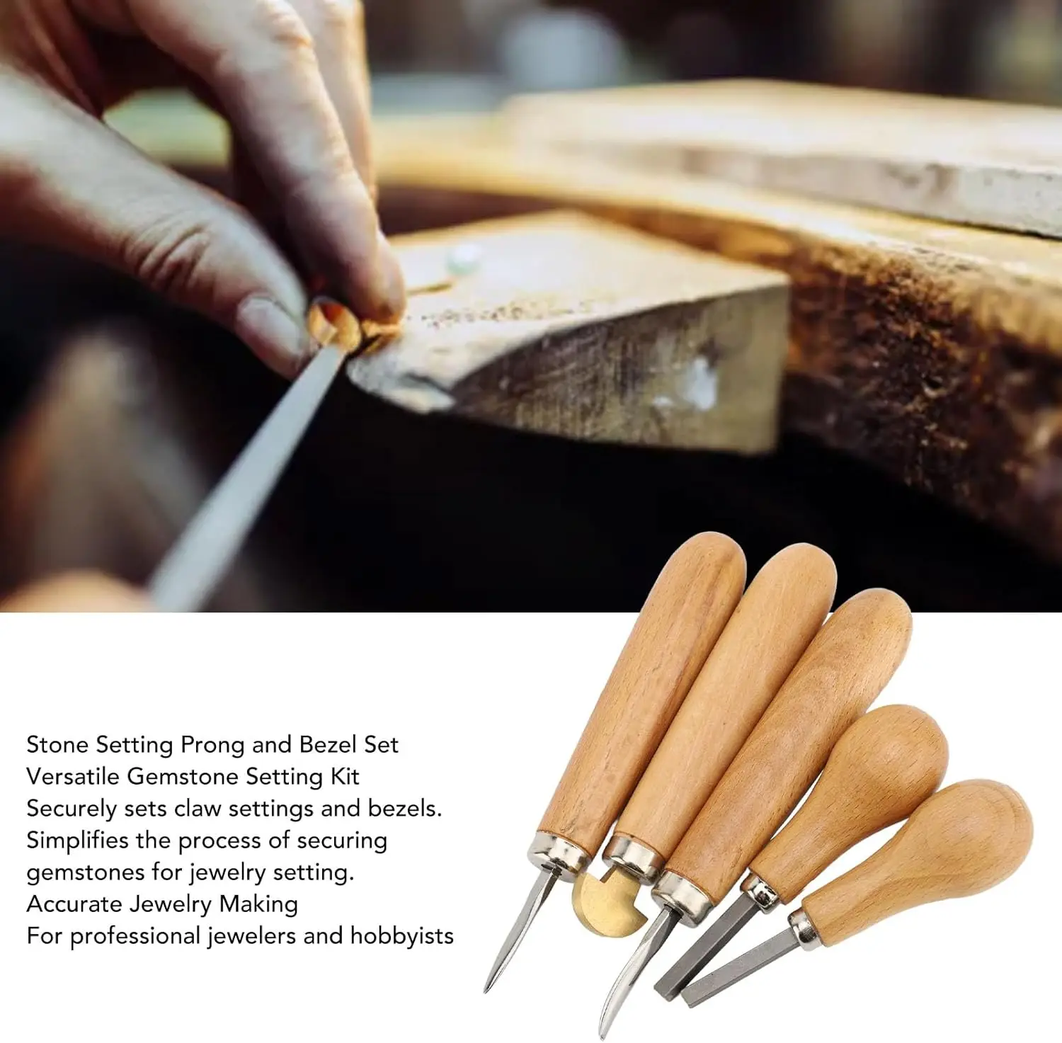 Professional Gemstone Setting Tool Kit for Jewelers Making Tool 5pcs Bezel and Prong Pushers with Wooden Handle