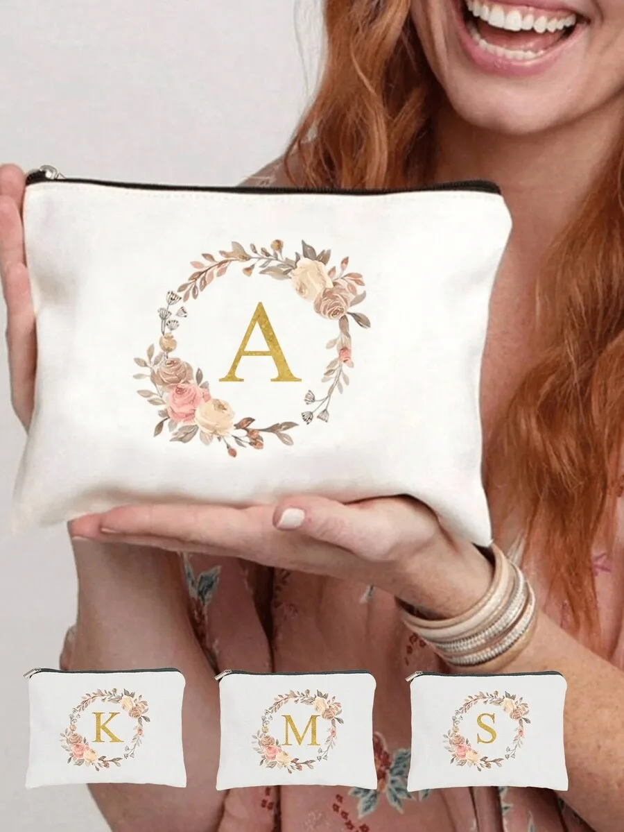 

Косметичка с монограммой и цветочным венком - дорожная сумка из холщовой ткани на молнии