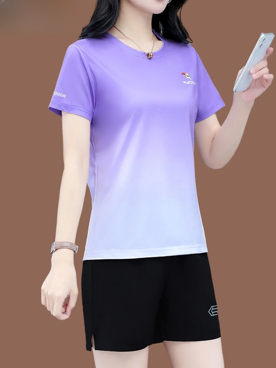 

TUCANO Qui Dry Sports Set Women's Summer New Loose ort Sve Two Piece Casual Mom Wear Polyester Fiber round Ne Overhead