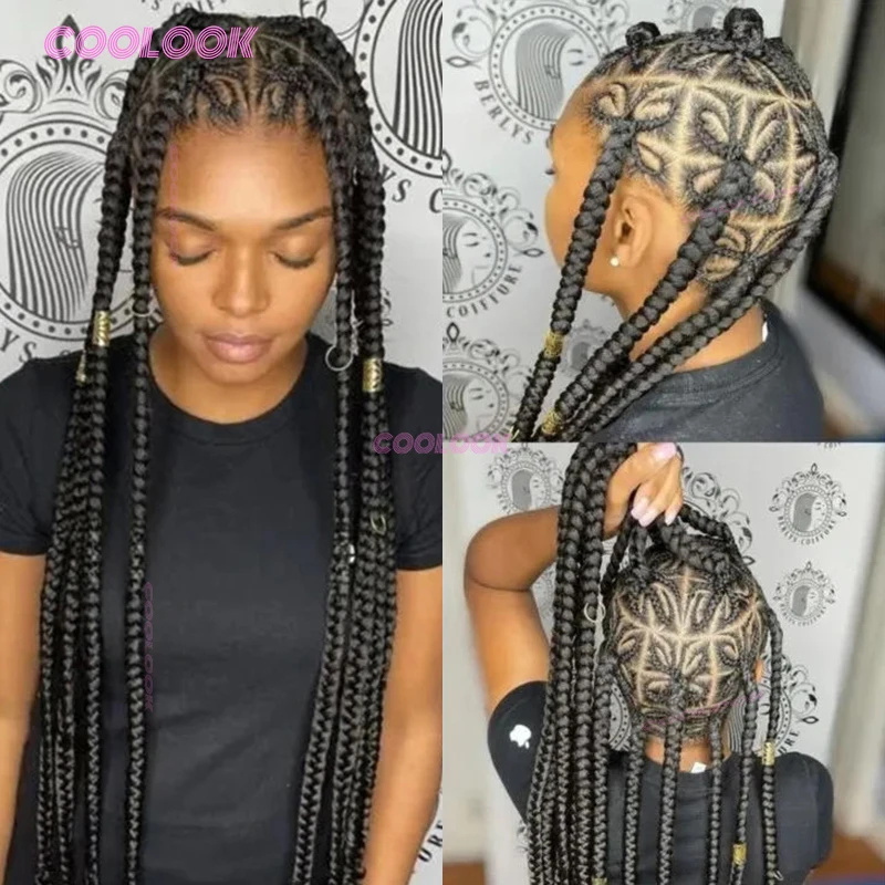 Peluca trenzada Cornrow en forma de corazón, trenzas sintéticas de caja de encaje completo de 36 pulgadas para mujeres