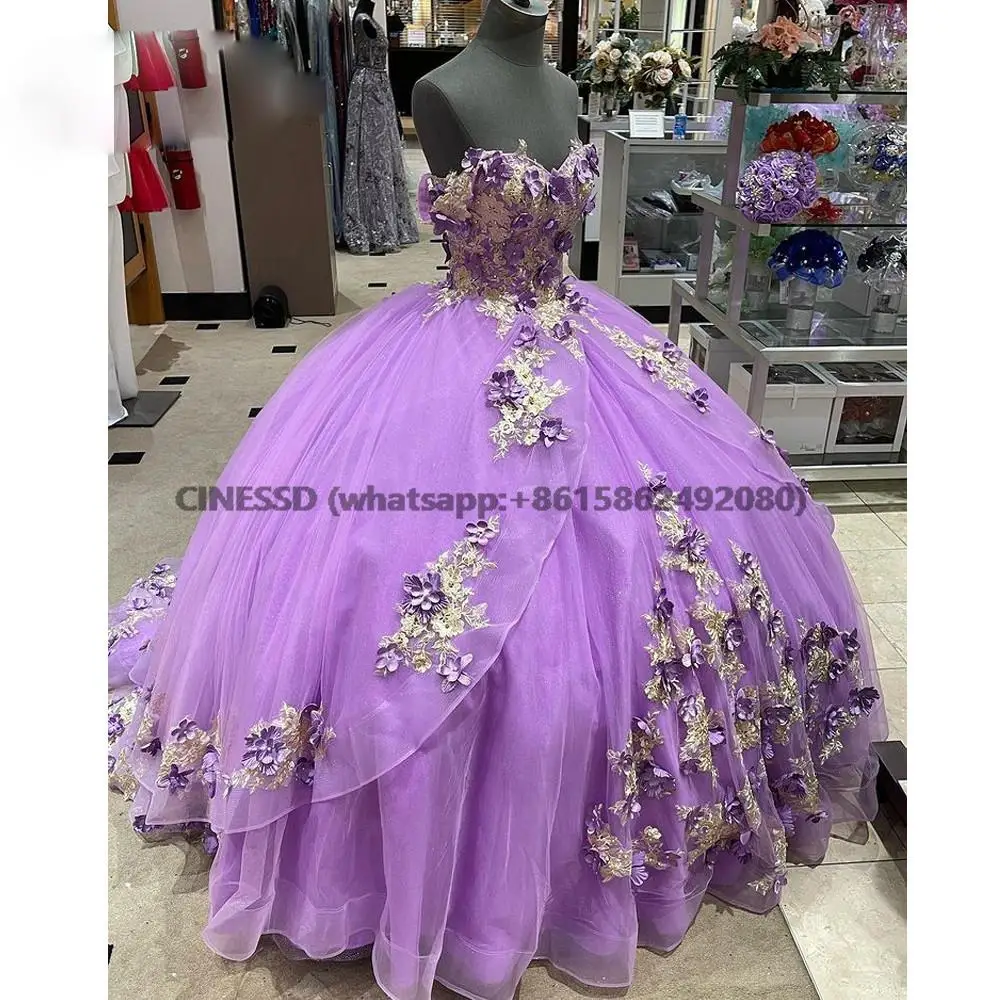 Лавандовая многоярусная юбка с открытыми плечами, платья для Quinceanera, бальное платье, кружевной корсет ручной работы с цветочной аппликацией для милых девушек 15