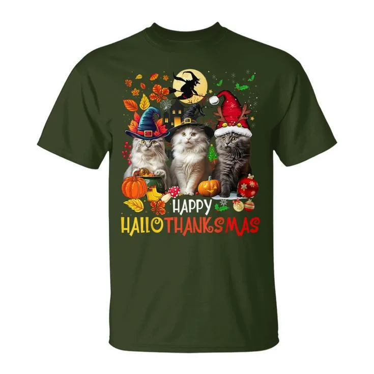 Halloween t shirt, Halloween Thanksgiving Christmas Happy Hallothanksmas Cats