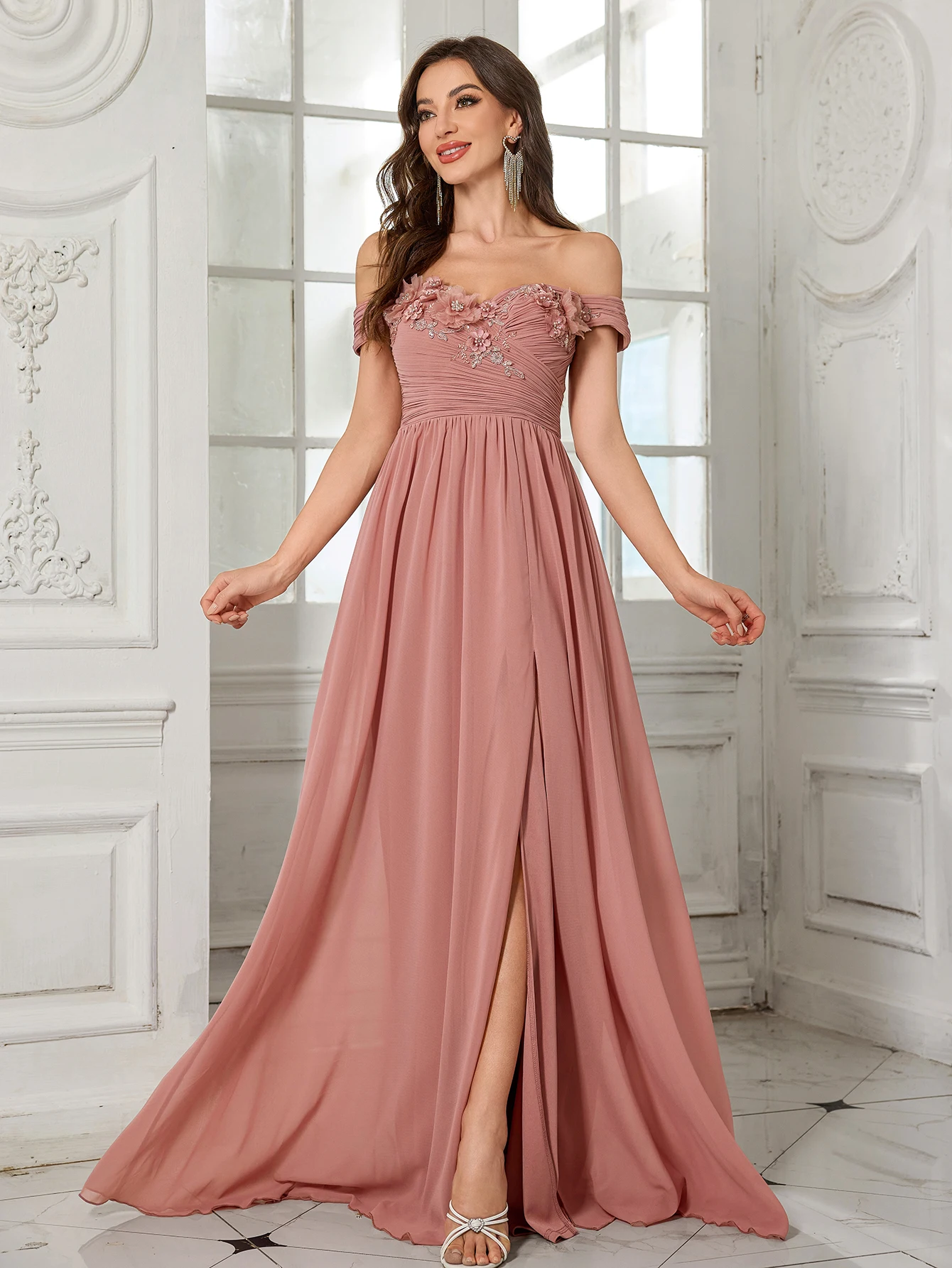 UNITHORSE 우아한 브이넥 민소매 가운, 여성용 주름 장식 스커트와 비즈 장식이 있는 럭셔리 롱 이브닝 드레스, 신부 들러리용