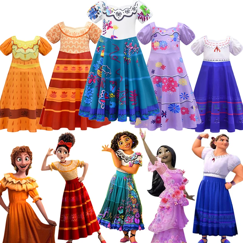 

New Summer Movie Encanto Mirabell Pepa Isabela Dolores Cosplay Costume Girls Princess Dress Halloween Carnival Party clothes