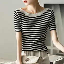 Basic Striped Patchwork T-shirt Casual Slash Neck Slim Summer Thin Knitted Short Sleeve Female Fashion Screw Thread Pullovers