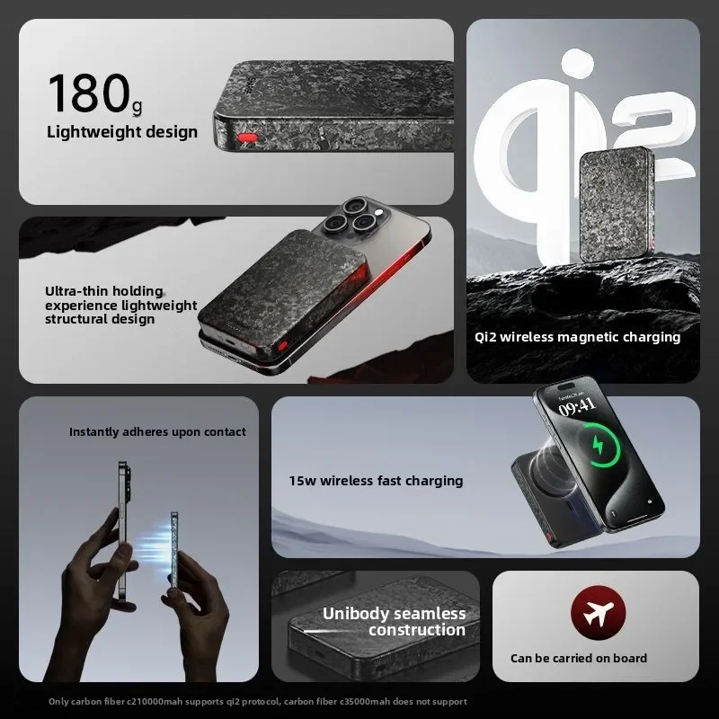 แบตเตอรี่สำรองแม่เหล็กคาร์บอนไฟเบอร์แบบบางพิเศษ รองรับ MagSafe ชาร์จไร้สายเร็ว 15W สำหรับ Apple แบบติดหลัง C2C3