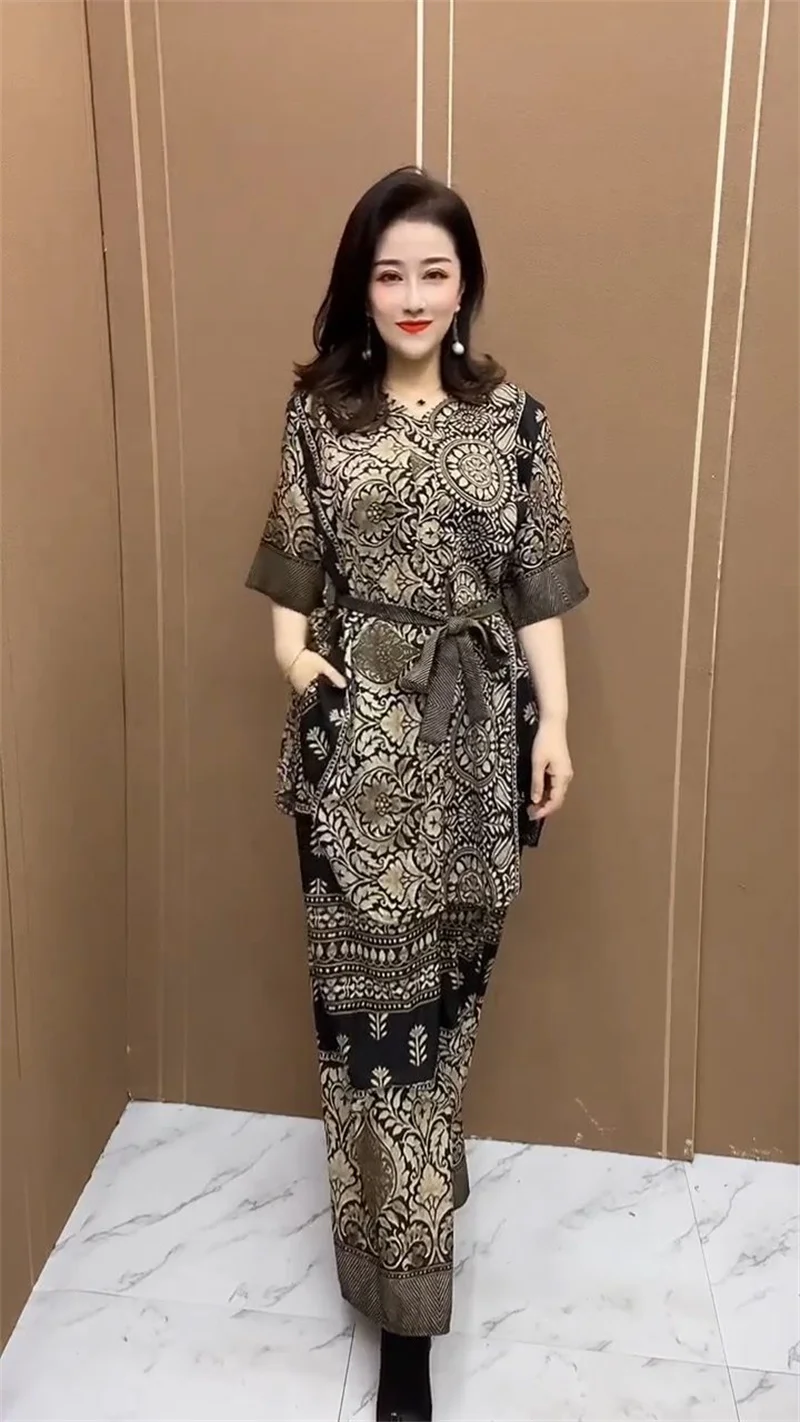 2023 New Wide Leg Trouser Set Middle and Elderly Loose Mom\'s Wear Your Lady\'s High end Fashion Ethnic Style women Two Piece Sets