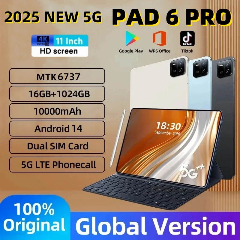 2025 Pad 6 Pro 5G Tablet Android Global Edition 10.1 inch HD 16GB+1TB Dual SIM Card Bluetooth GPS WIFI HD Full Screen 4K Tablet