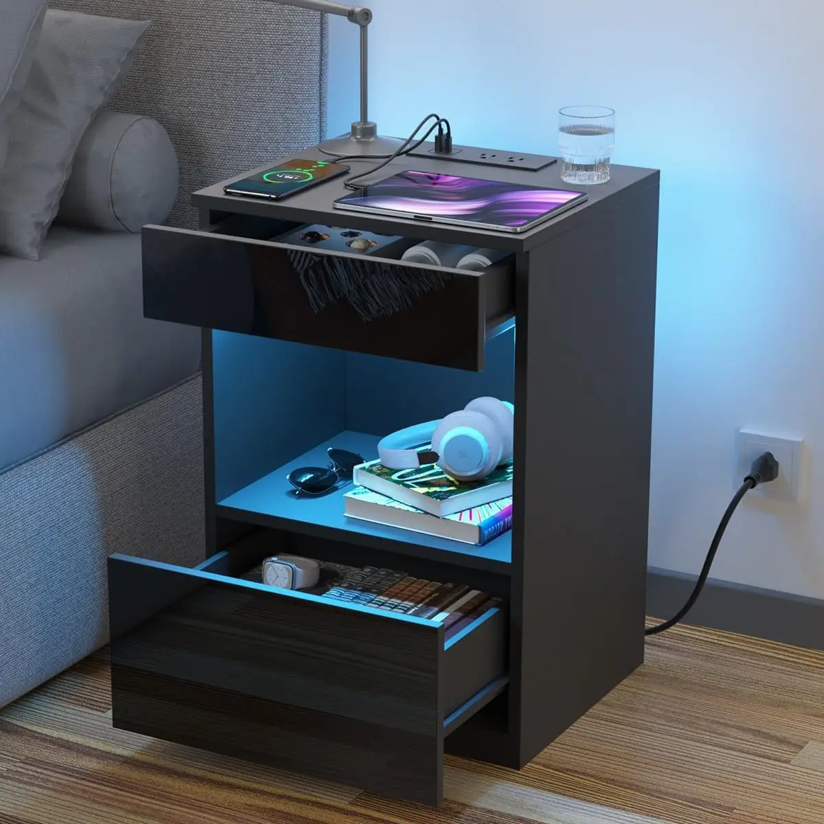 

Open Shelf LED Nightstand with Charging Station 2 Drawers Bedside Table Black Night Stand with Storage Smart Nightstands High Gl
