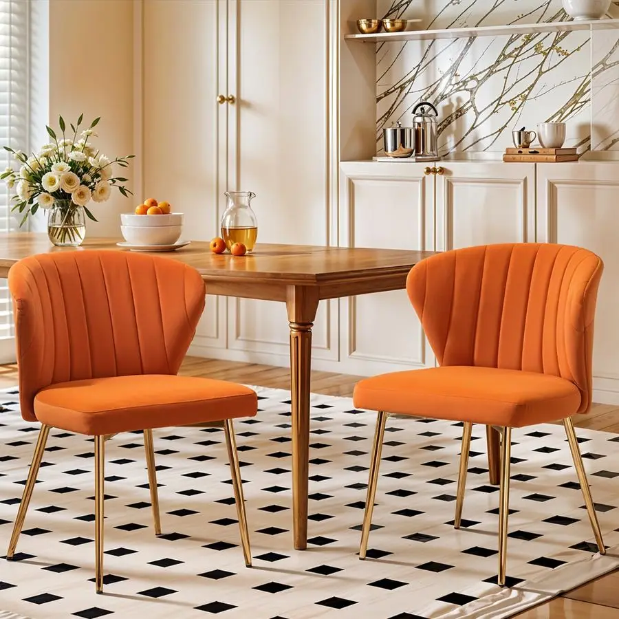 

Dining Chairs Set of 2, Modern Upholstered Vanity Chairs with Golden Metal Legs for Dining Room Kitchen Vanity Patio Orange