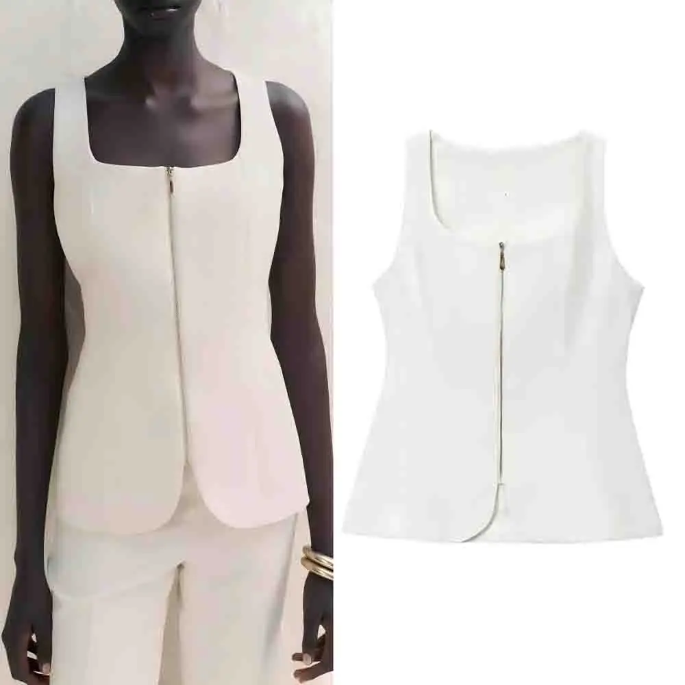 

Women's new fashion zipper decoration tight corset style vest top retro square neck sleeveless women's vest chic top
