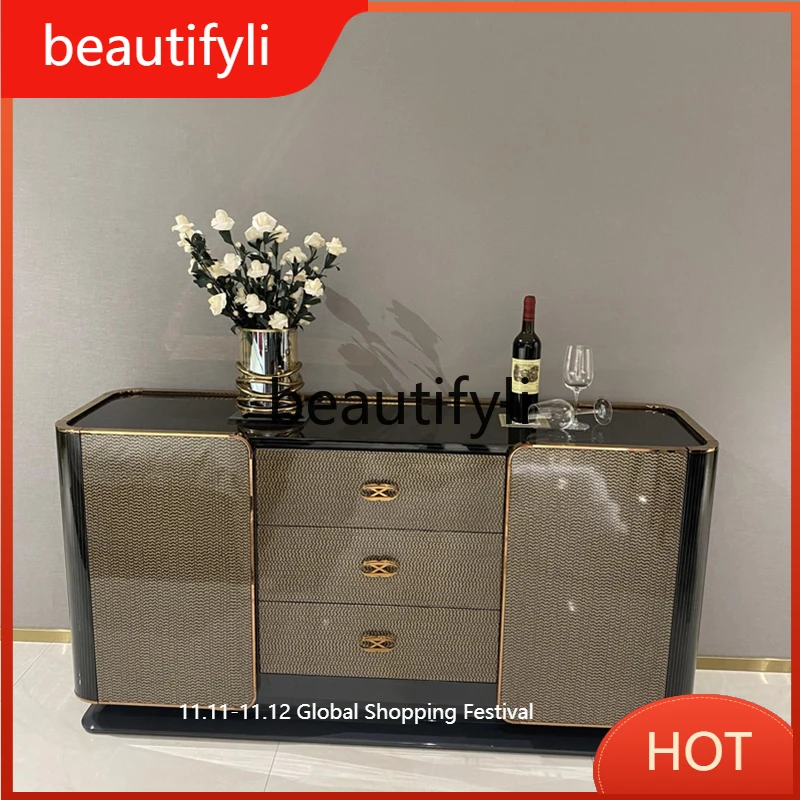 

Light luxury style dining side wine cabinet, modern solid wood entrance cabinet, gold lacquer mercerized ebony D80