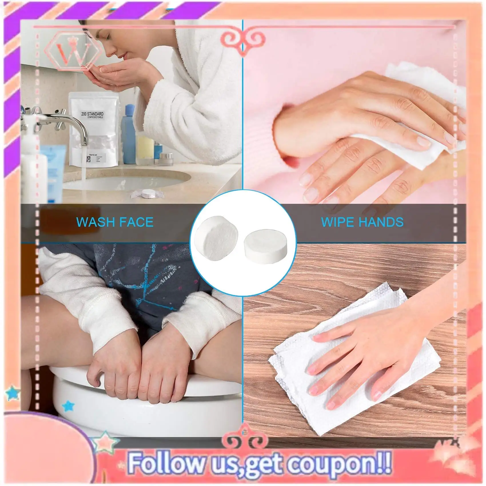 AT84-300 قطعة مناشف مضغوطة محمولة للاستعمال مرة واحدة من القطن المضغوط للسفر والتخييم والمشي لمسافات طويلة #3