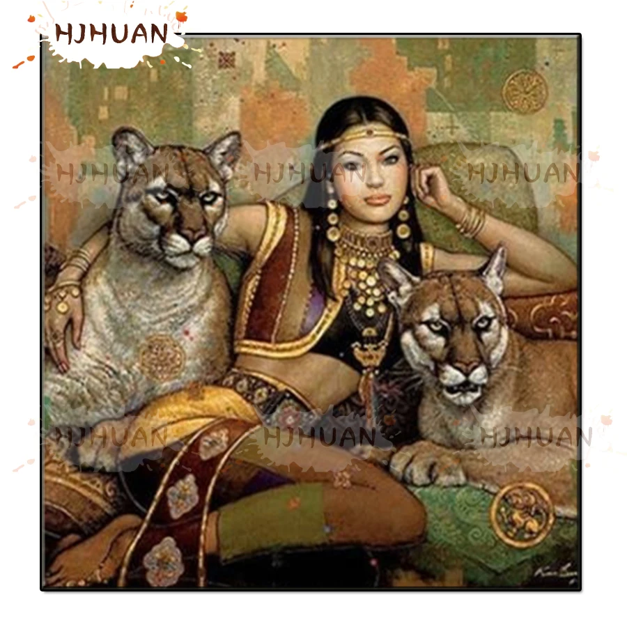 5D DIY Cleopatra and the leopard Diamond Painting Kit Full Drill Square Embroidery Mosaic Art Picture of Rhinestones Decor Gift