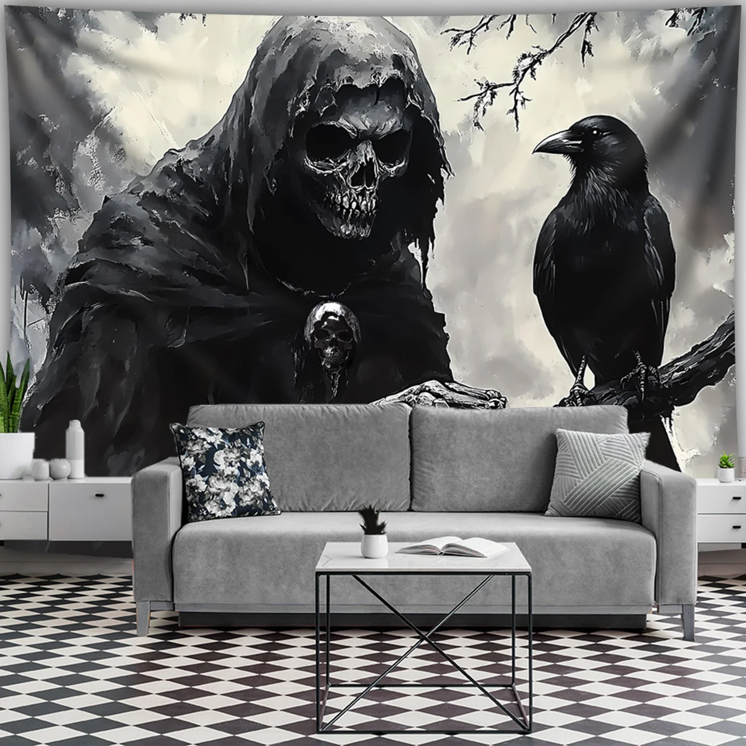 2D Flat - 2D Flat - A Single Piece of Oversized Dark Skull Crow Photo Digital Print Tapestry, Made of Polyester Aesthetic Printi