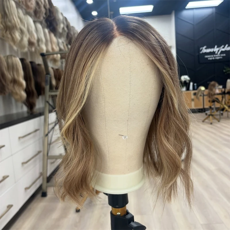 パーティーウィッグ ショートウェーブ ボブ オンブレ ブラウンブロンド ミドルパート 合成レースフロントウィッグ 生え際プレプラッキング済み 耐熱ファイバーウィッグ