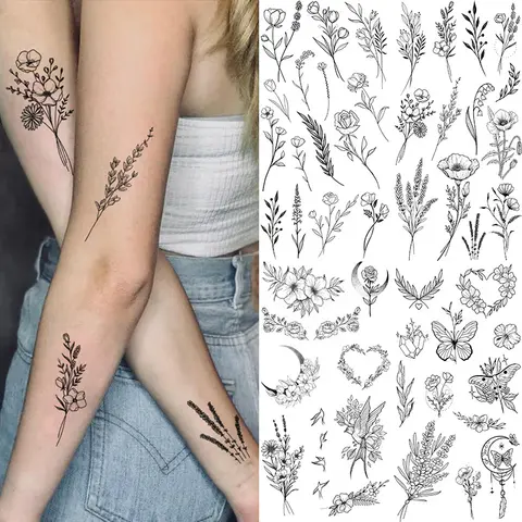 Autocollant de faux tatouage noir à grande fleur pour femmes, Rose pivoine, tatouage temporaire de transfert d'eau, bricolage, Art corporel pour filles, main arrière