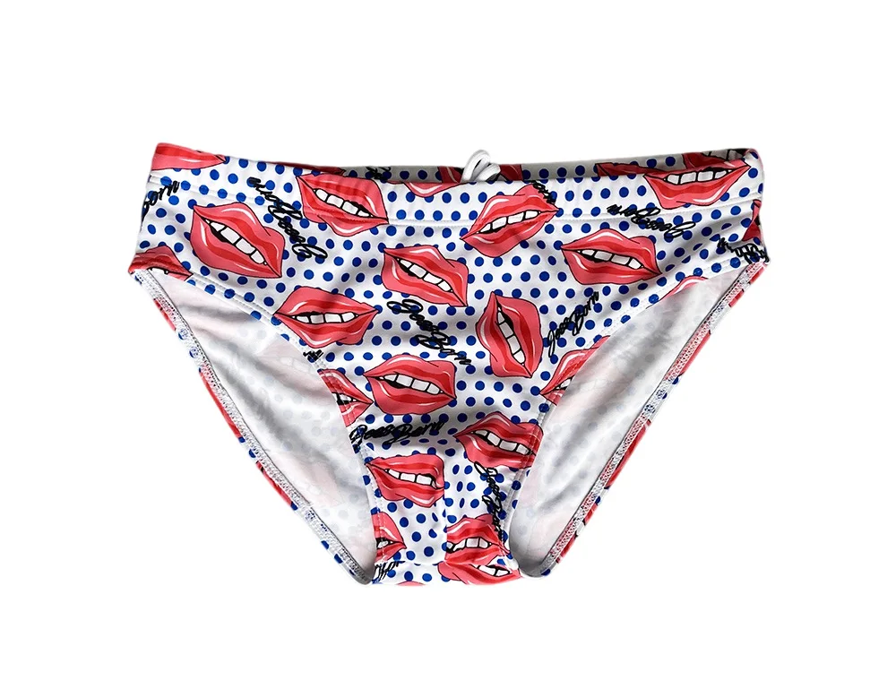 

2025 плавки, мужские персонализированные модные плавки в горошек с красным принтом губ, молодежные трусы, внешняя торговля 10075