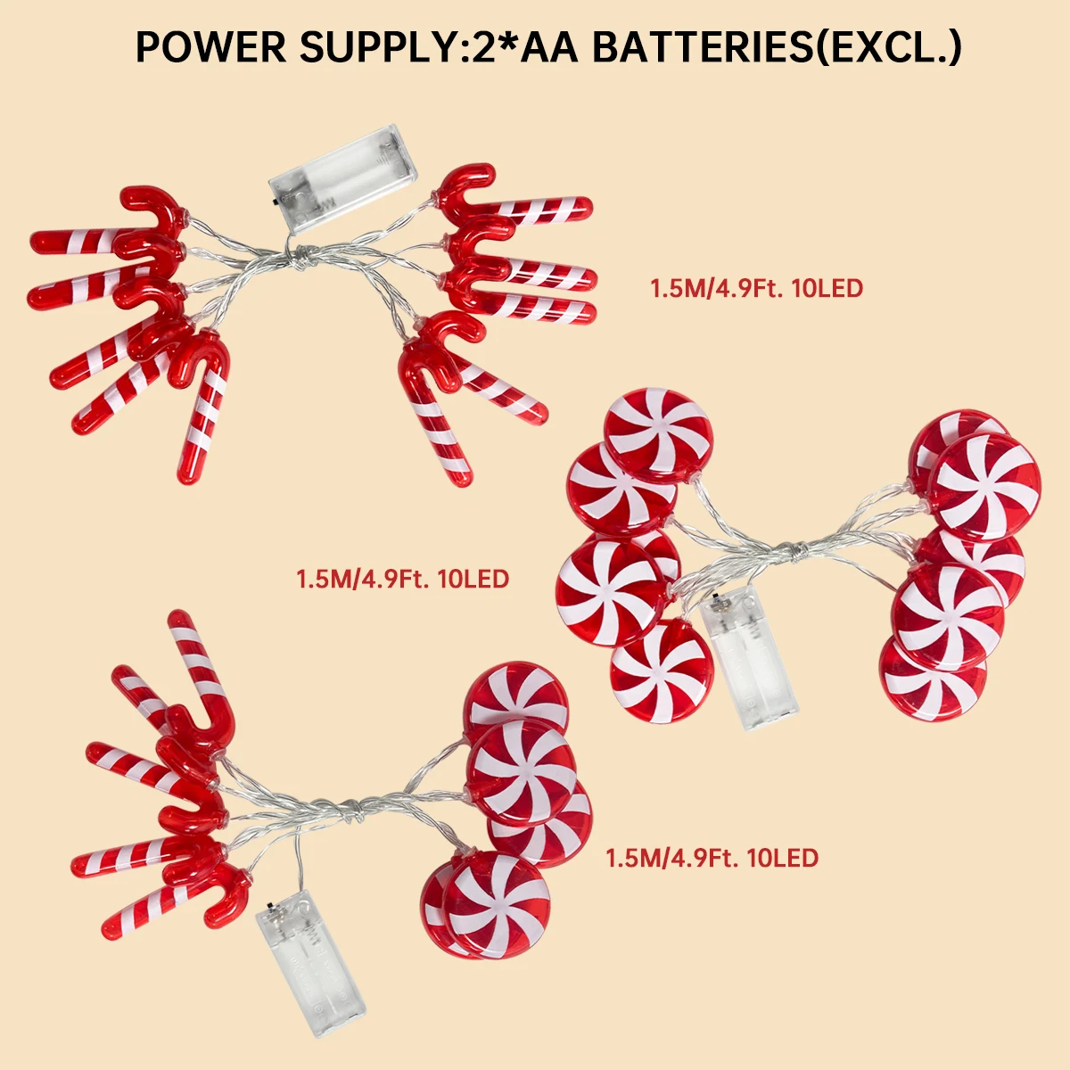 1pc 10/20/30 LED Red Walking Stick And Candy String Lights Fairy Atmosphere Hanging Lamp Battery Powered Suitable For Home Decor