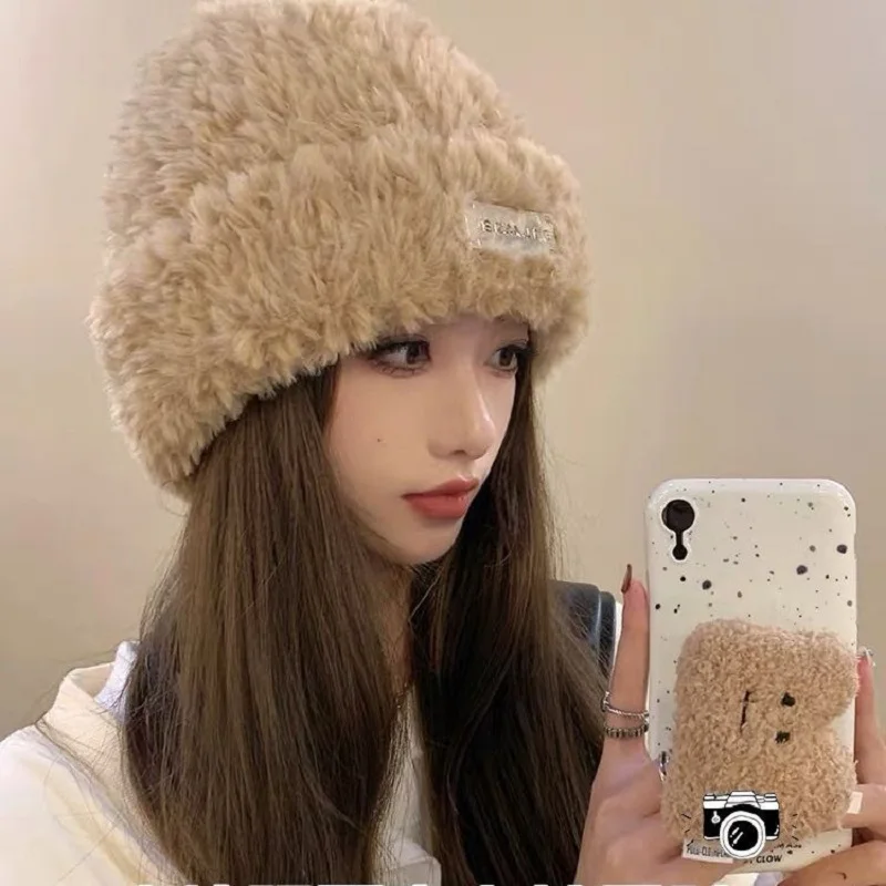 女性のぬいぐるみニットビーニーキャップ、耳保護帽子、カジュアルソリッドカバー、ヘッドキャップ、ボネット、厚く、暖かい、リブ、冬、スキー