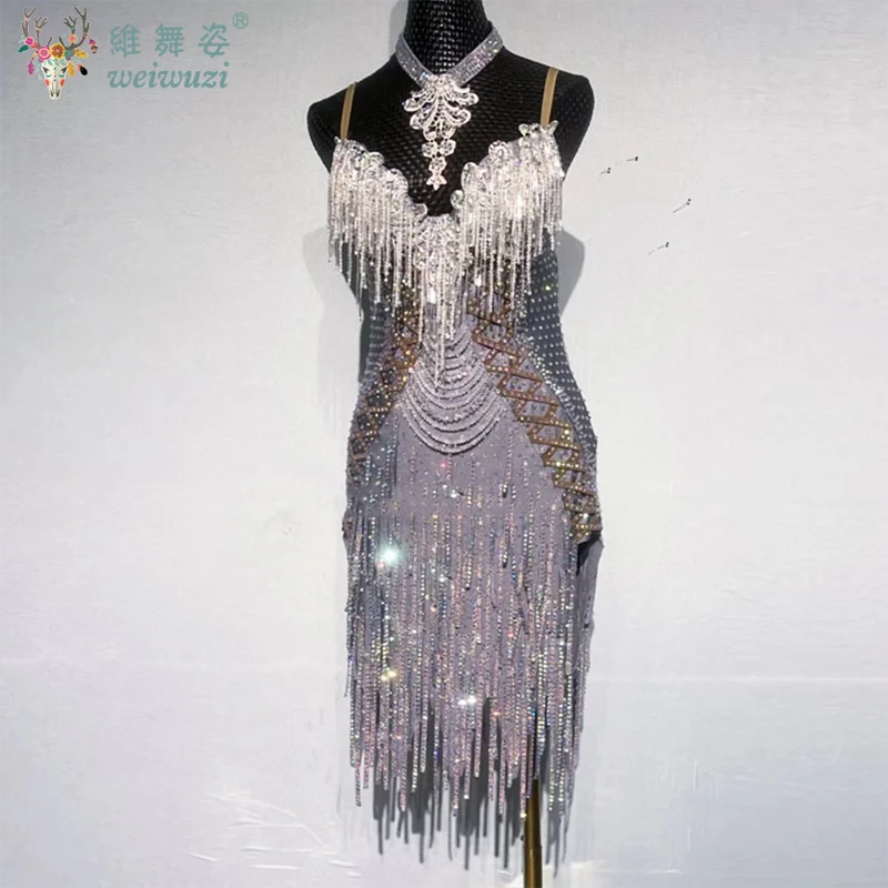 

Платье для выступлений в латинских танцах, сексуальные платья с бахромой и открытой спиной по индивидуальному заказу для взрослых и детей, наряд для соревнований по танго, самбе, румбе