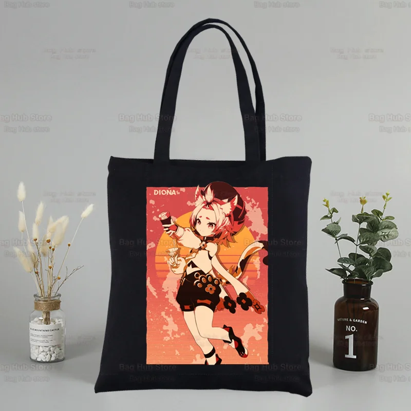 Genshin Impact Black Canvas Tote Bolsas, Unisex, Xiao Venti, Hu Tao, Uso diário, Zhong Li Raiden Shogun, Viagem, Compras