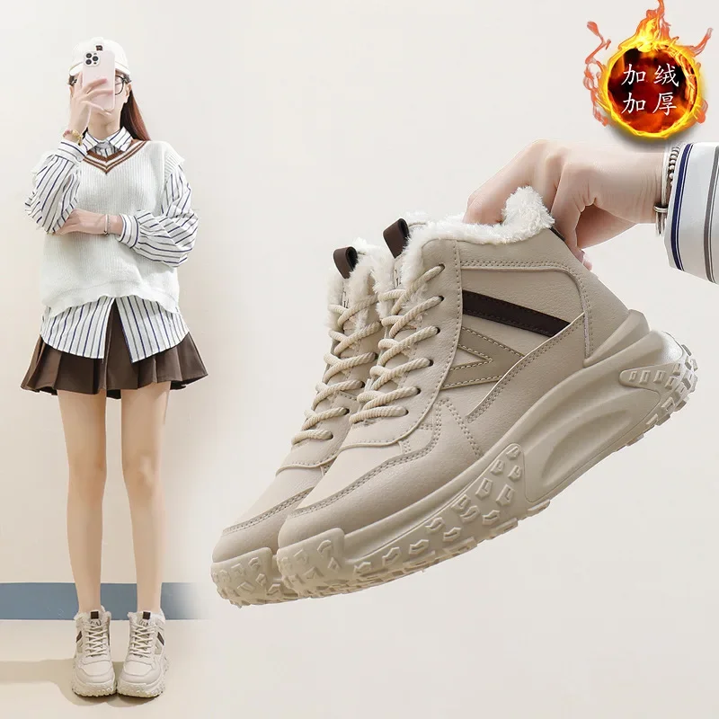 

Новые женские зимние ботинки на плоской подошве, утепленные хлопковые туфли на шерстяной подкладке, белые туфли с высоким берцем.