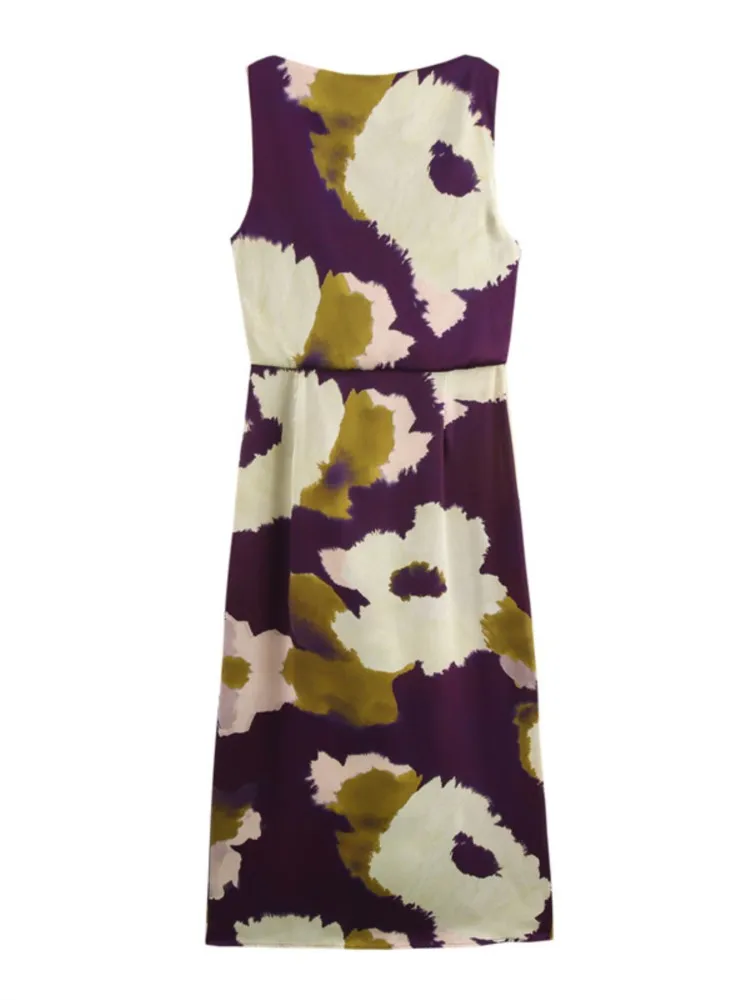 Vestidos de impressão de flores para as mulheres 2025 novo verão elegante chique sem mangas vestido longo vintage em torno do pescoço festa noite midi vestidos