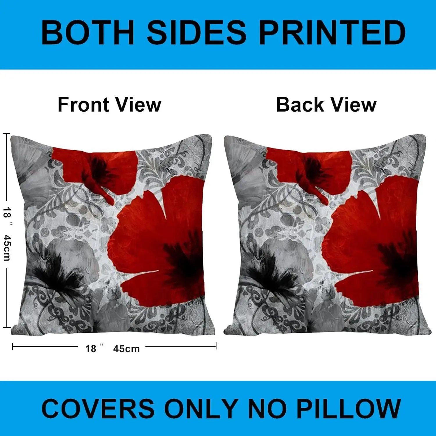 Red Poppy Pillow Covers – Black & White Floral Art 4-Pack Cushion Covers for Sofa, Bedroom, Car, Home Décor
