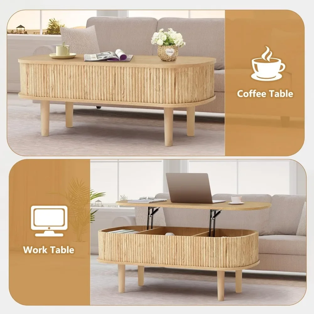 Fluted Lift Top Coffee Table with Hidden Compartment, Fully Assembled Wooden Center Table, Modern Oval Lift Tabletop for Home Li