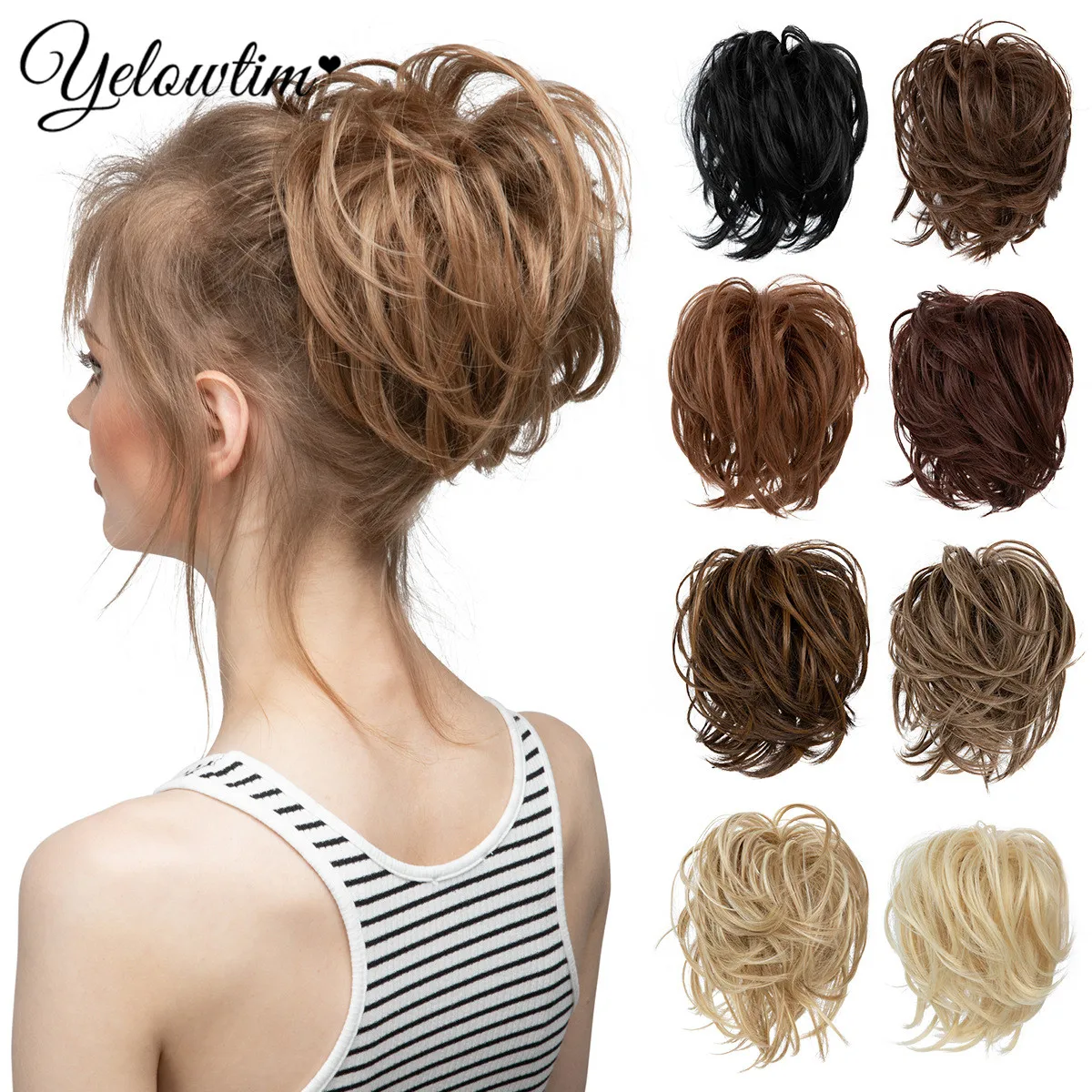 

YELOWYIM Synthetic Messy Bun Hair Piece Scrunchies Wavy Extension Ponytail with Elastic Rubber Band Hairpiece for Women