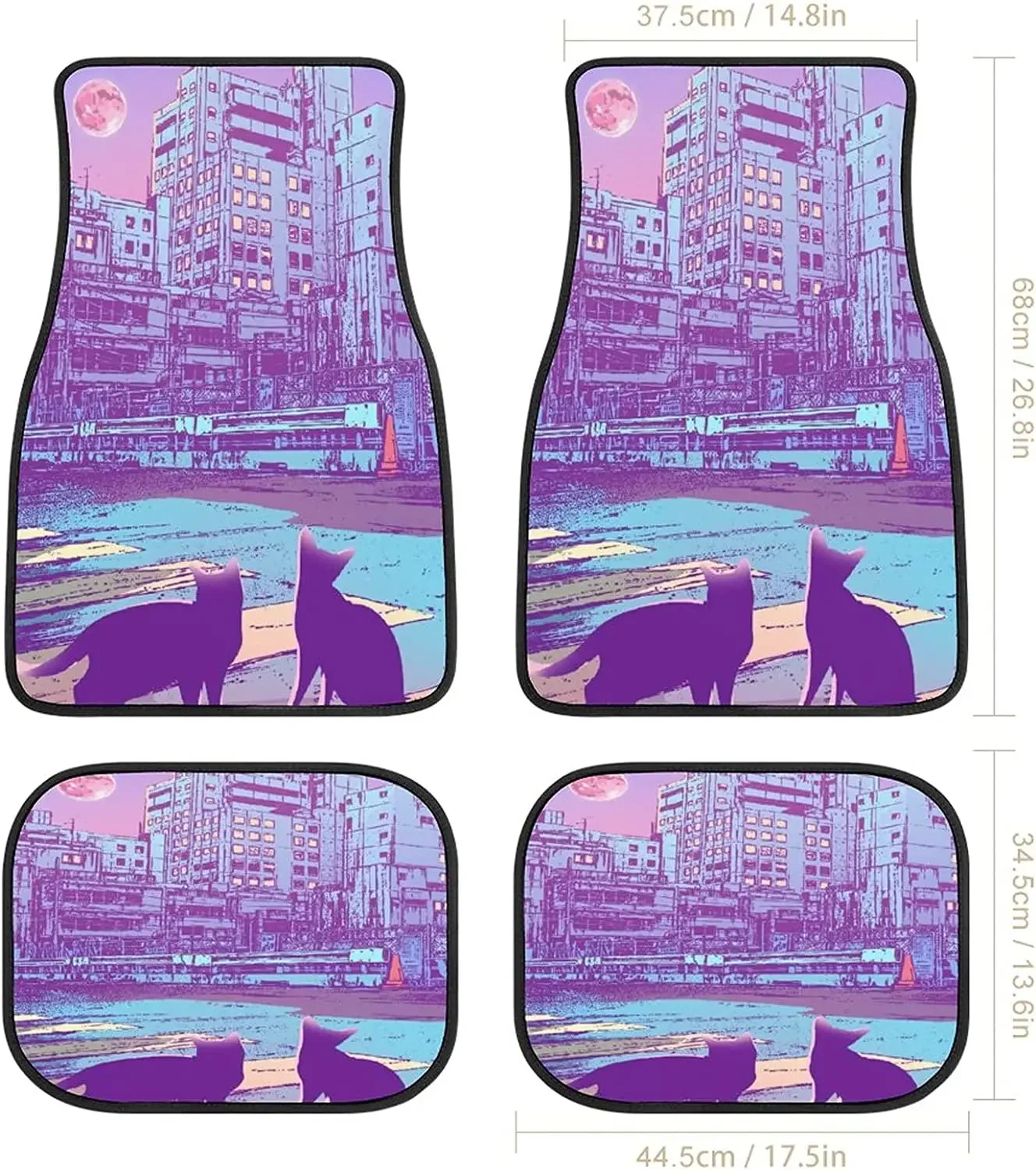 Kawaii Cat Japan Vaporwave Car Mats Universal Fit Car Floor Mats Fashion Soft Waterproof Car Carpet Front&Rear 4 Pieces Full