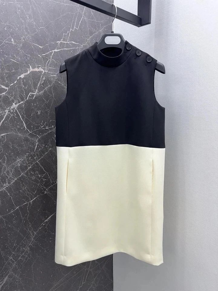 2024 new women's fashion sleeveless stand-up collar contrasting color dress