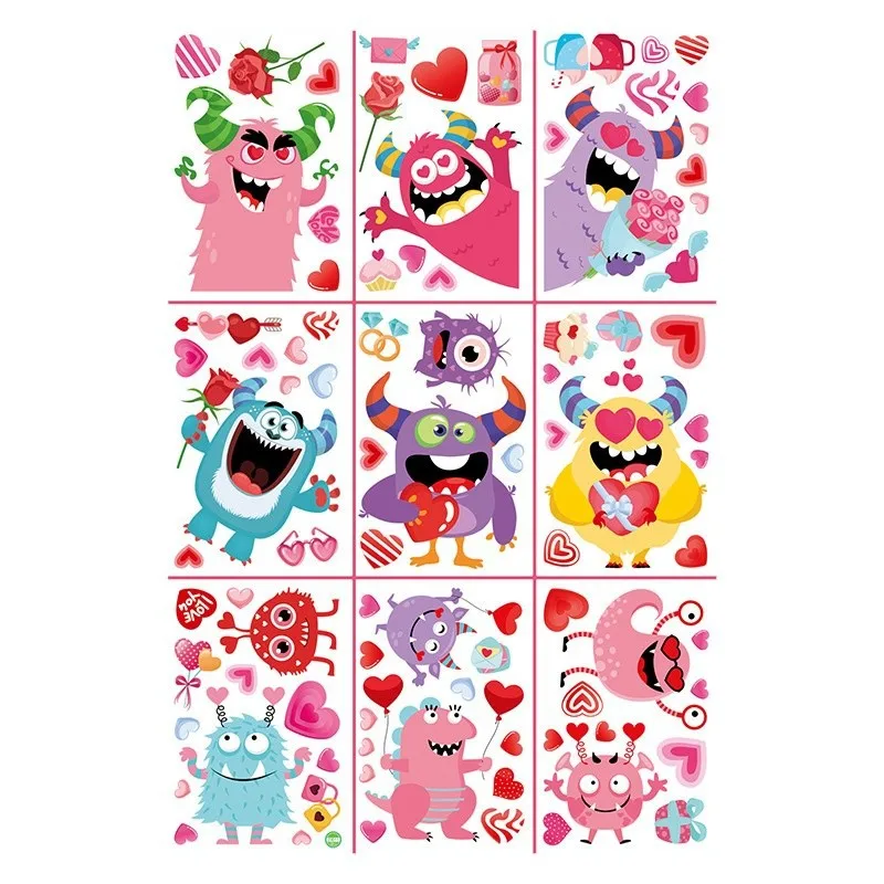 Valentine’s Day Window Clings Cute Heart Monster Envelope Window Stickers Glass Decorations for Home